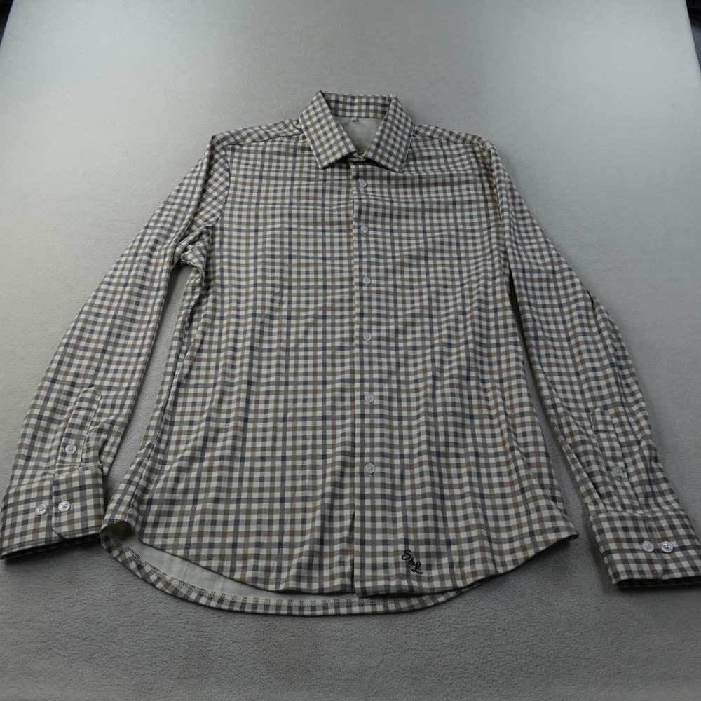State Liberty Flannel Shirt Mens Large Beige Check Long Sleeve Performance